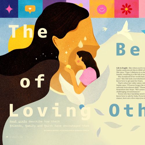 Illustration of mother cradling child with colorful abstract background by Barbara Tamilin