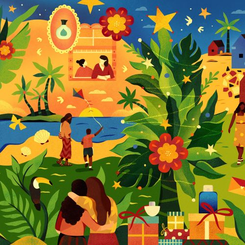 Colorful village with people, houses, flowers, and stars by Barbara Tamilin
