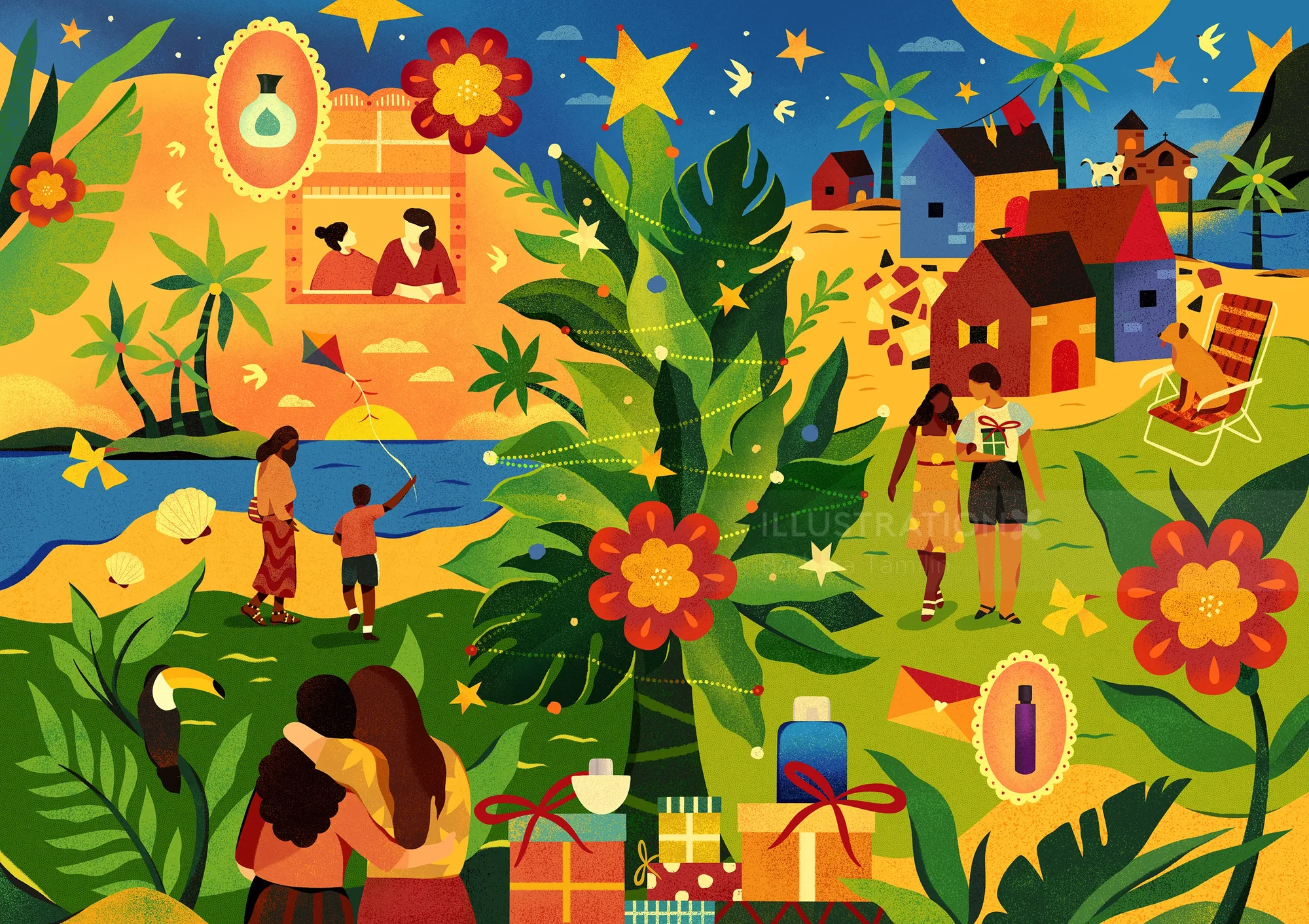 Colorful village with people, houses, flowers, and stars by Barbara Tamilin