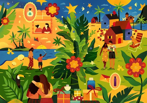 Colorful village with people, houses, flowers, and stars by Barbara Tamilin