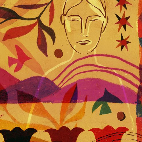 Abstract painting with human face, flowers, and geometric shapes by Barbara Tamilin