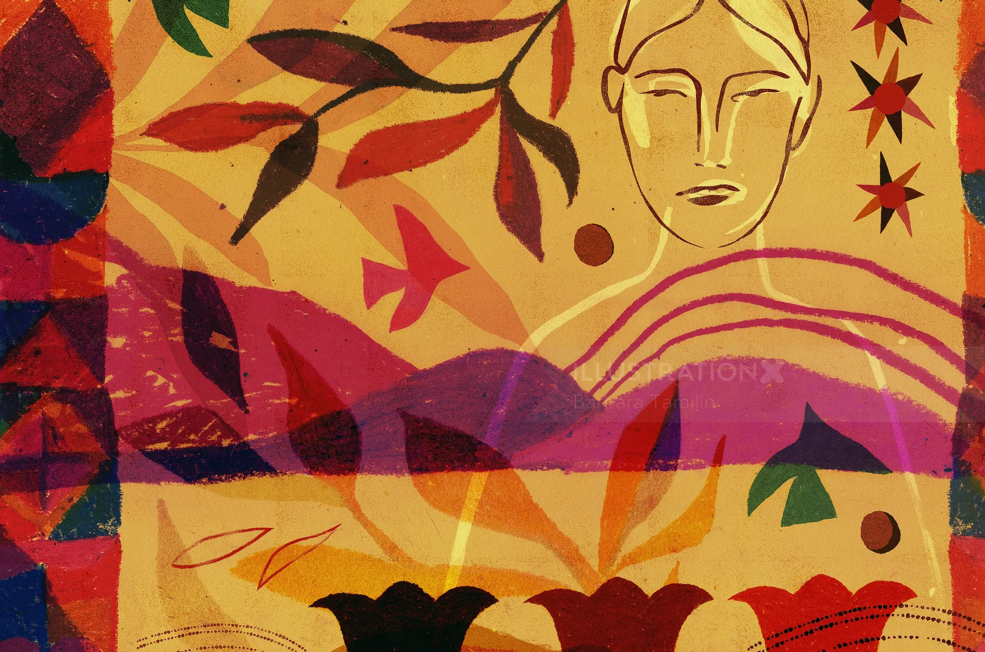 Abstract painting with human face, flowers, and geometric shapes by Barbara Tamilin