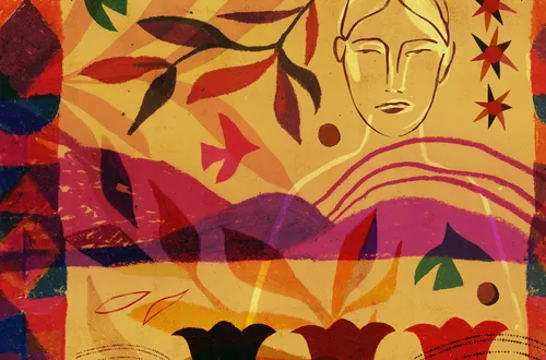 Abstract painting with human face, flowers, and geometric shapes by Barbara Tamilin