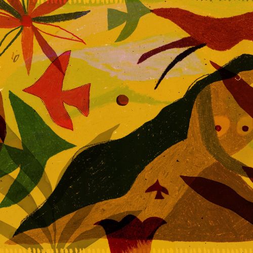 Abstract artwork with plants and human-like figures by Barbara Tamilin