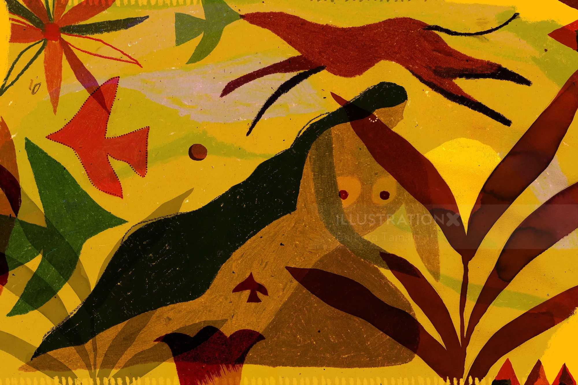 Abstract artwork with plants and human-like figures by Barbara Tamilin