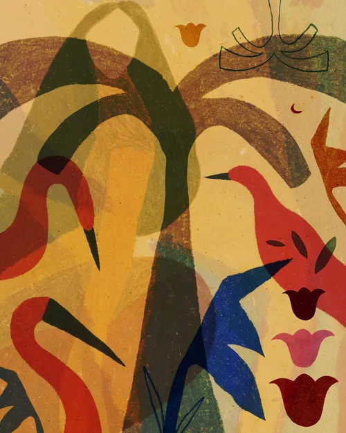 Abstract birds and floral shapes in warm colors by Barbara Tamilin