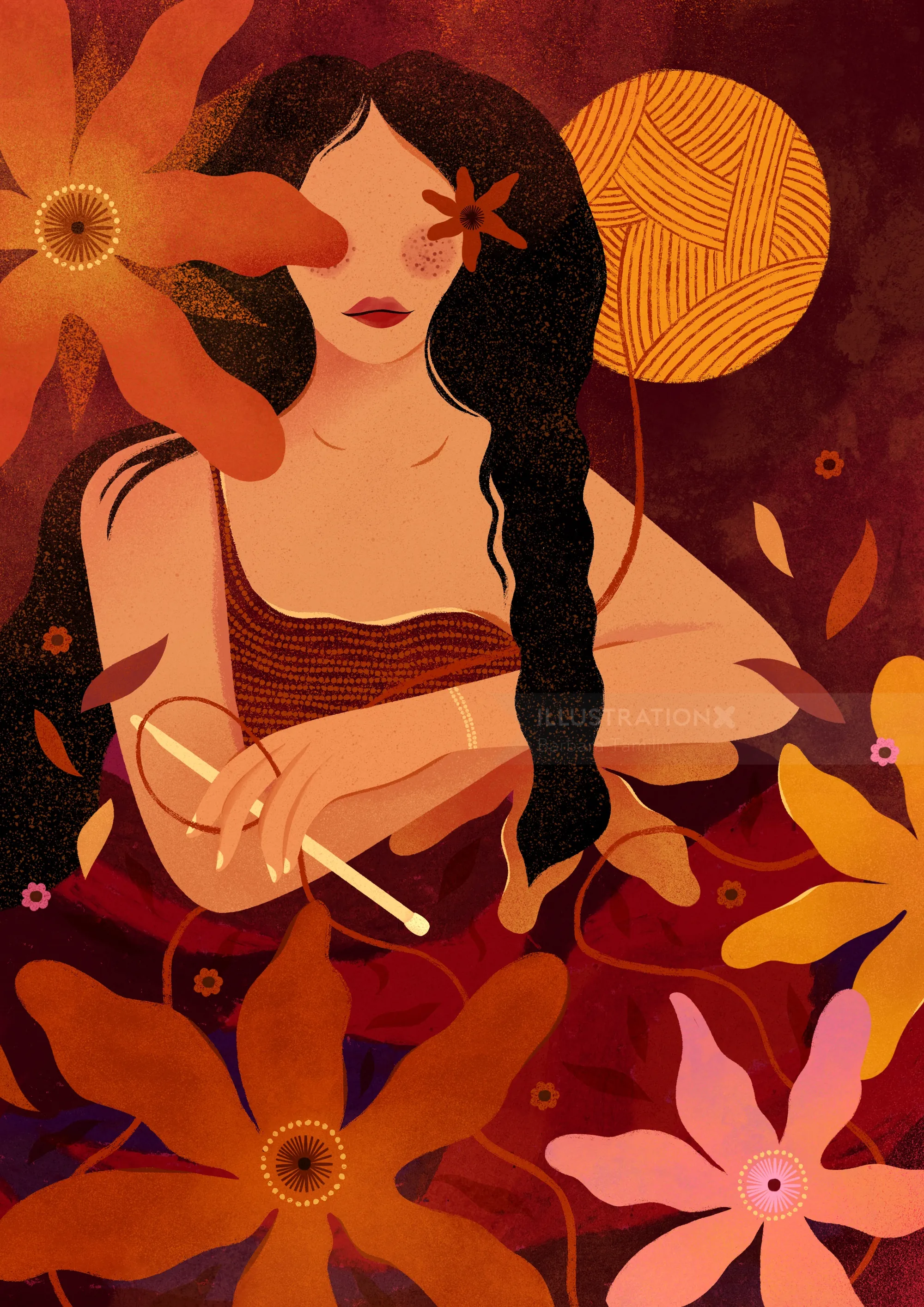 Woman with dark hair holding knitting needles among flowers by Barbara Tamilin