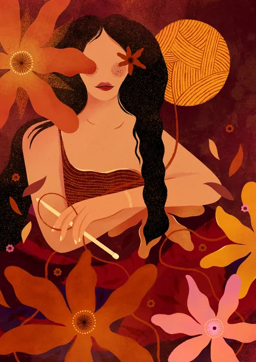 Woman with dark hair holding knitting needles among flowers by Barbara Tamilin
