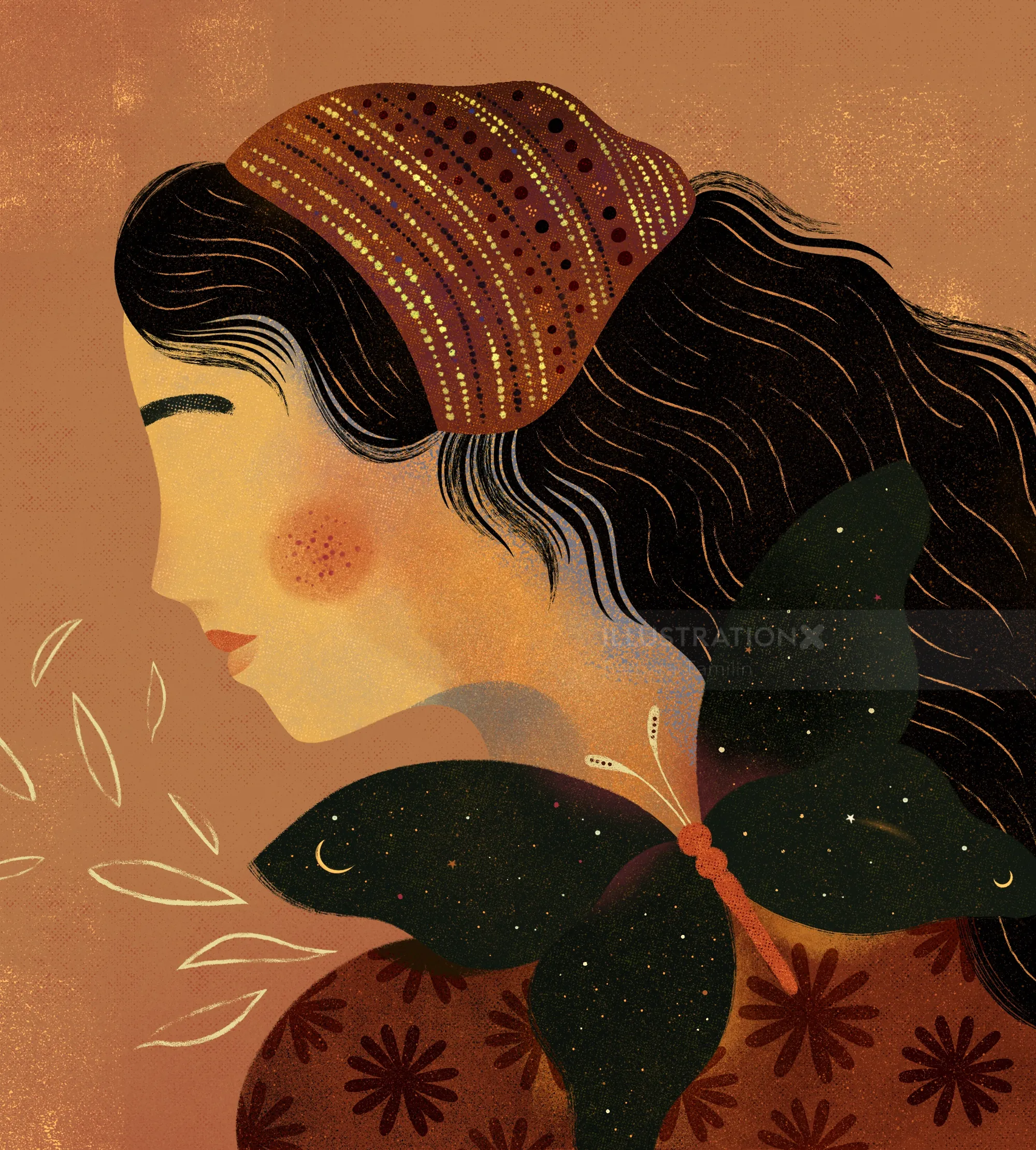 Stylized woman’s profile with butterfly on shoulder by Barbara Tamilin