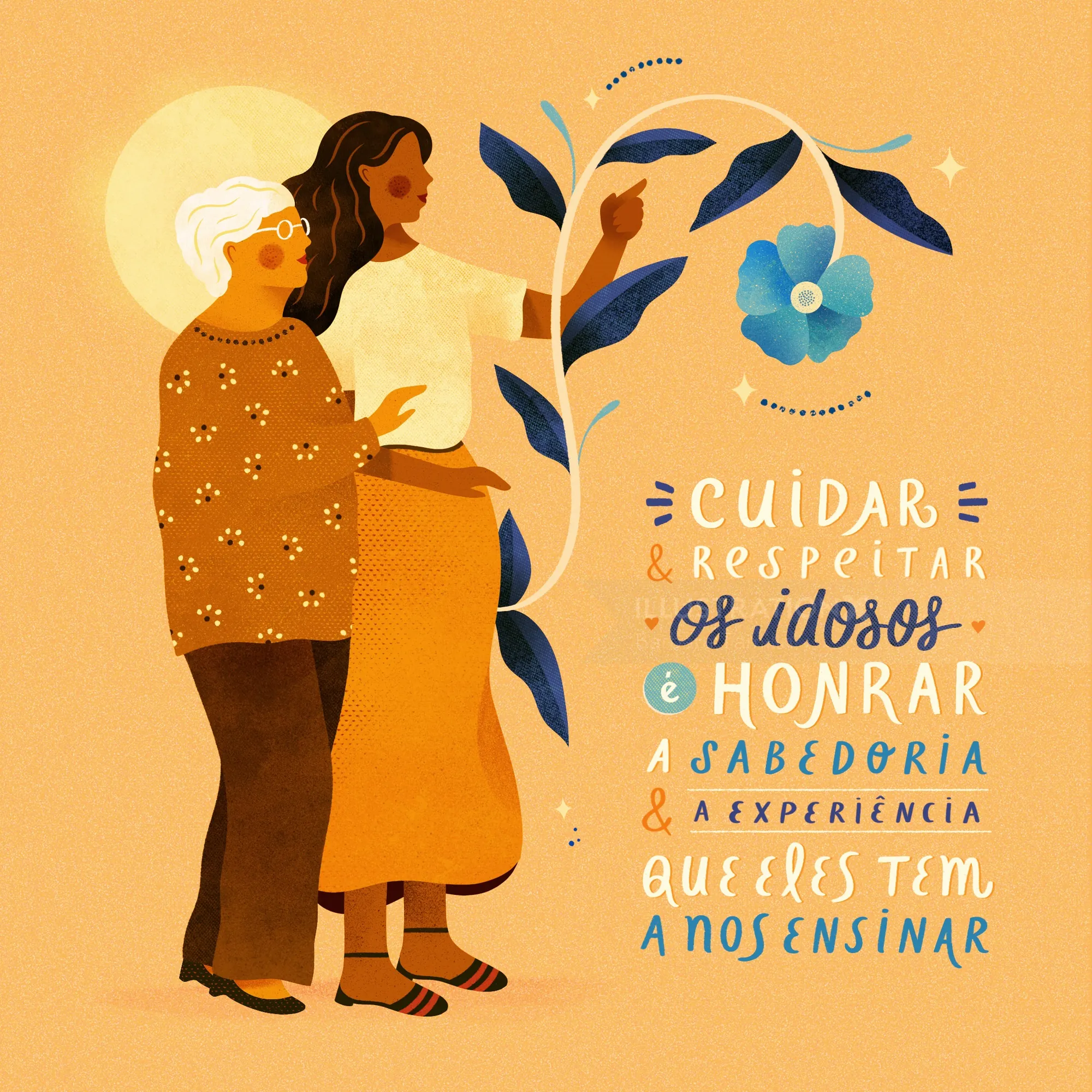 Illustration of two women and a flower with a message about honoring elderly wisdom by Barbara Tamil