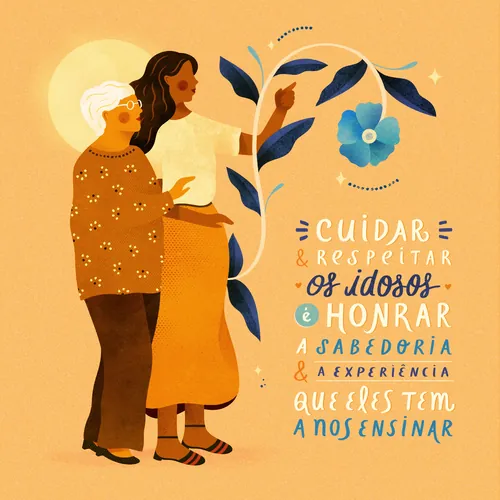 Illustration of two women and a flower with a message about honoring elderly wisdom by Barbara Tamil