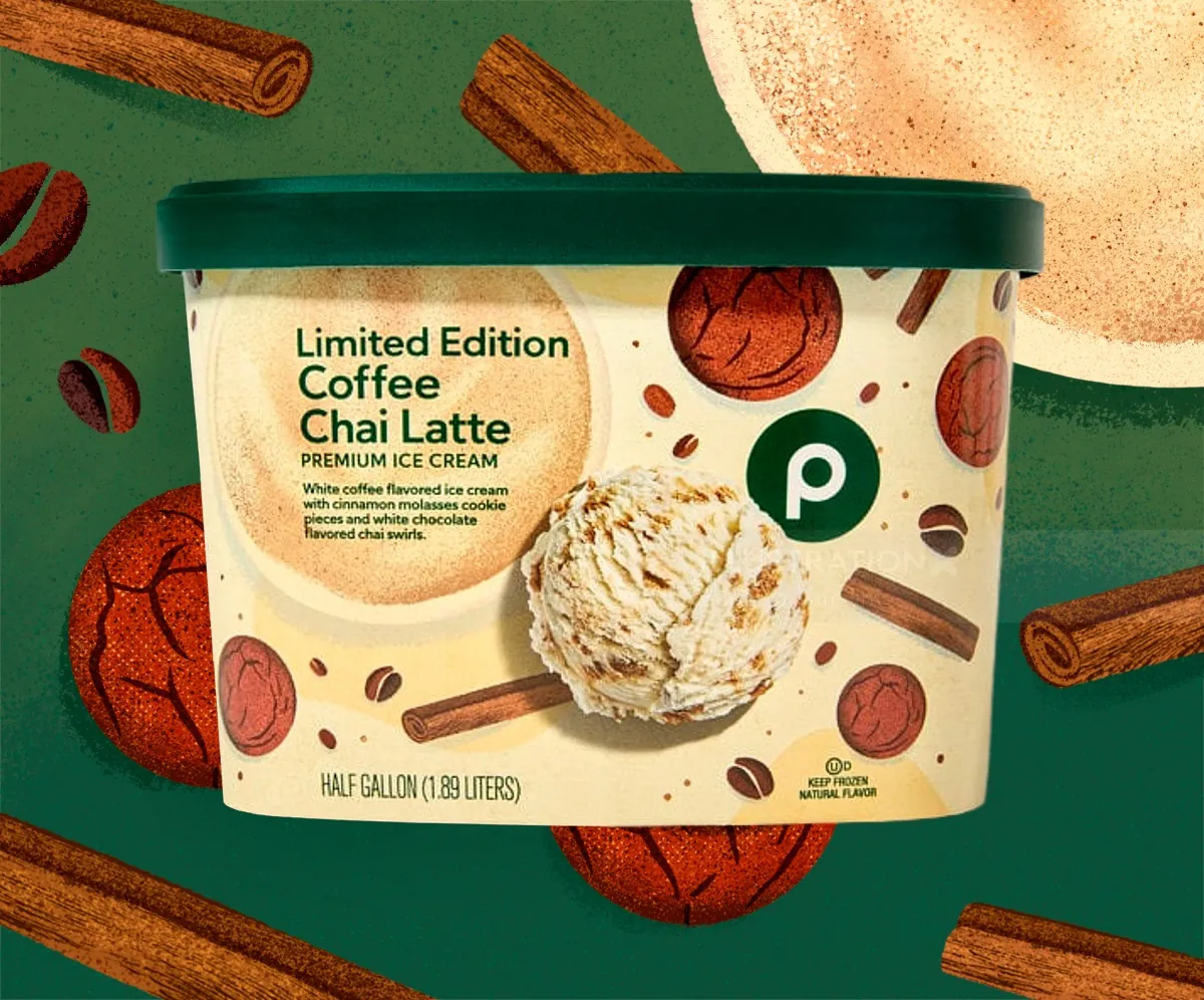 Limited edition coffee chai latte ice cream container with cinnamon sticks and coffee beans, by Barb