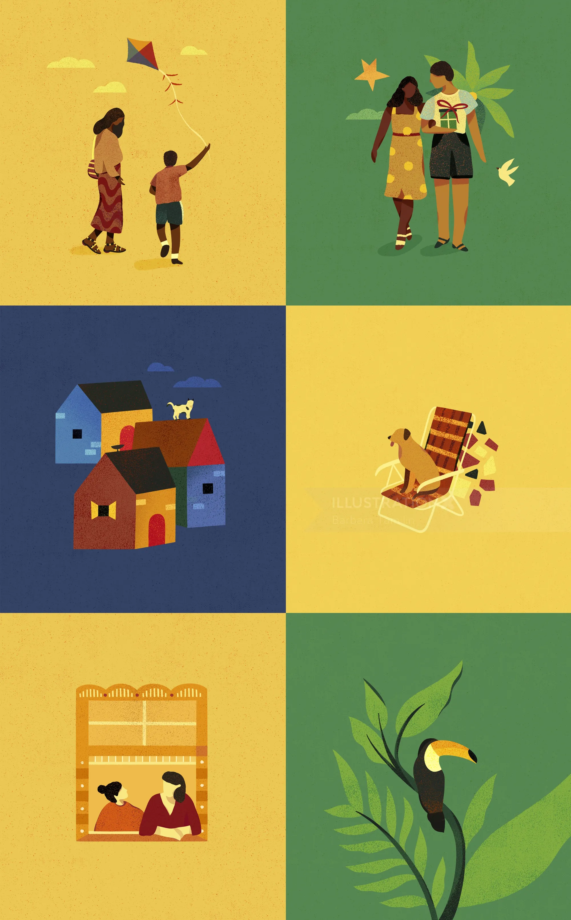 Six vibrant scenes illustrate people, homes, and nature by Barbara Tamilin