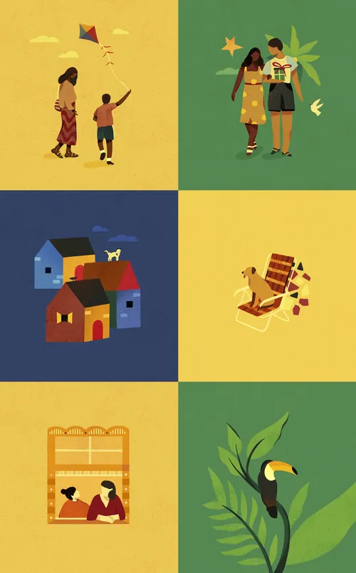 Six vibrant scenes illustrate people, homes, and nature by Barbara Tamilin