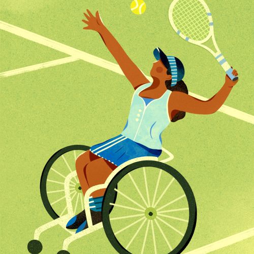 Rollstuhltennisspieler schlägt Ball auf dem Platz auf von Barbara Tamilin