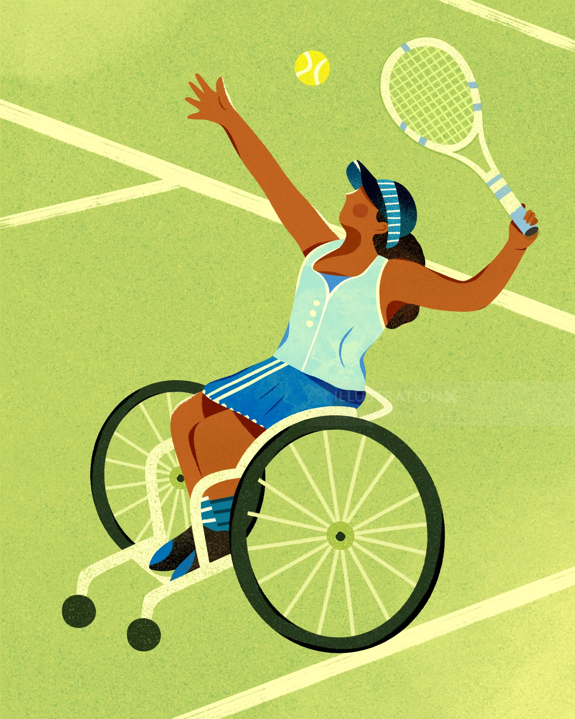 Wheelchair tennis player serving ball on court by Barbara Tamilin