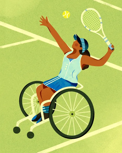 Wheelchair tennis player serving ball on court by Barbara Tamilin