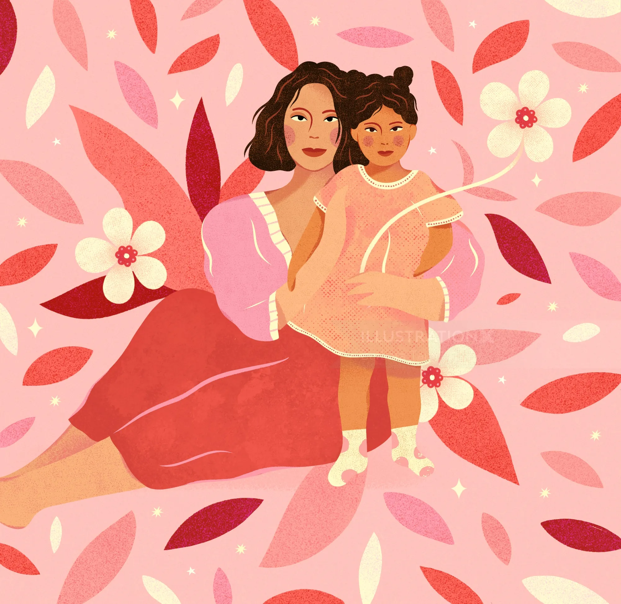 Mother and daughter embrace surrounded by pink flowers by Barbara Tamilin