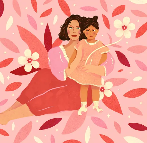 Mother and daughter embrace surrounded by pink flowers by Barbara Tamilin