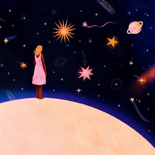 Girl in pink dress stands on a planet surrounded by stars and planets by Barbara Tamilin