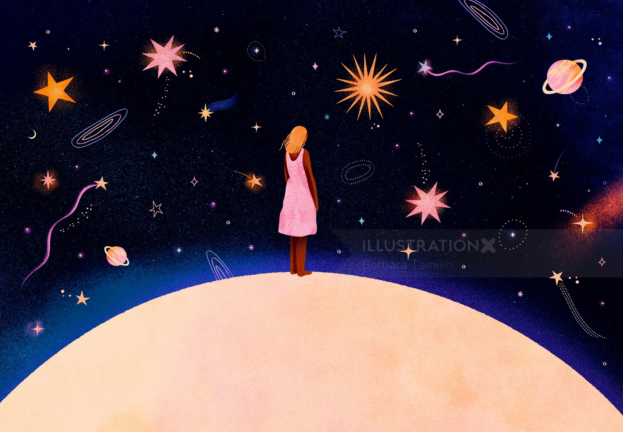 Girl in pink dress stands on a planet surrounded by stars and planets by Barbara Tamilin