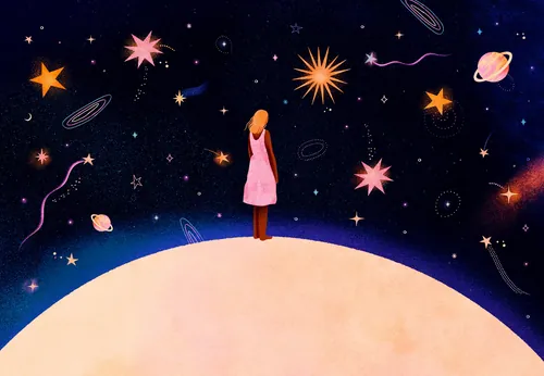 Girl in pink dress stands on a planet surrounded by stars and planets by Barbara Tamilin