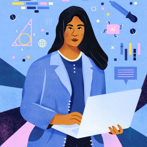 Woman using laptop with technology and science icons, artwork by Barbara Tamilin