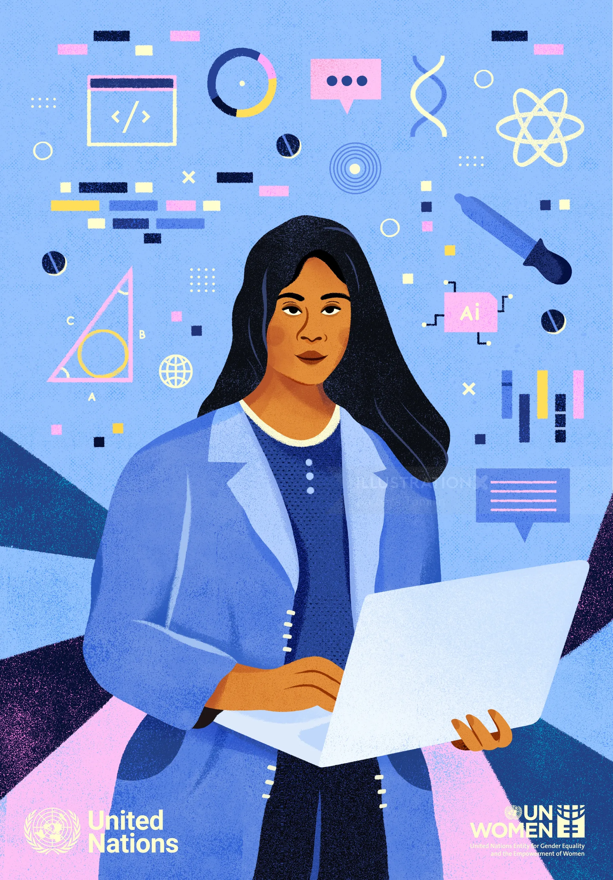 Woman using laptop with technology and science icons, artwork by Barbara Tamilin