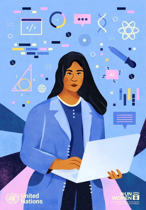 Woman using laptop with technology and science icons, artwork by Barbara Tamilin
