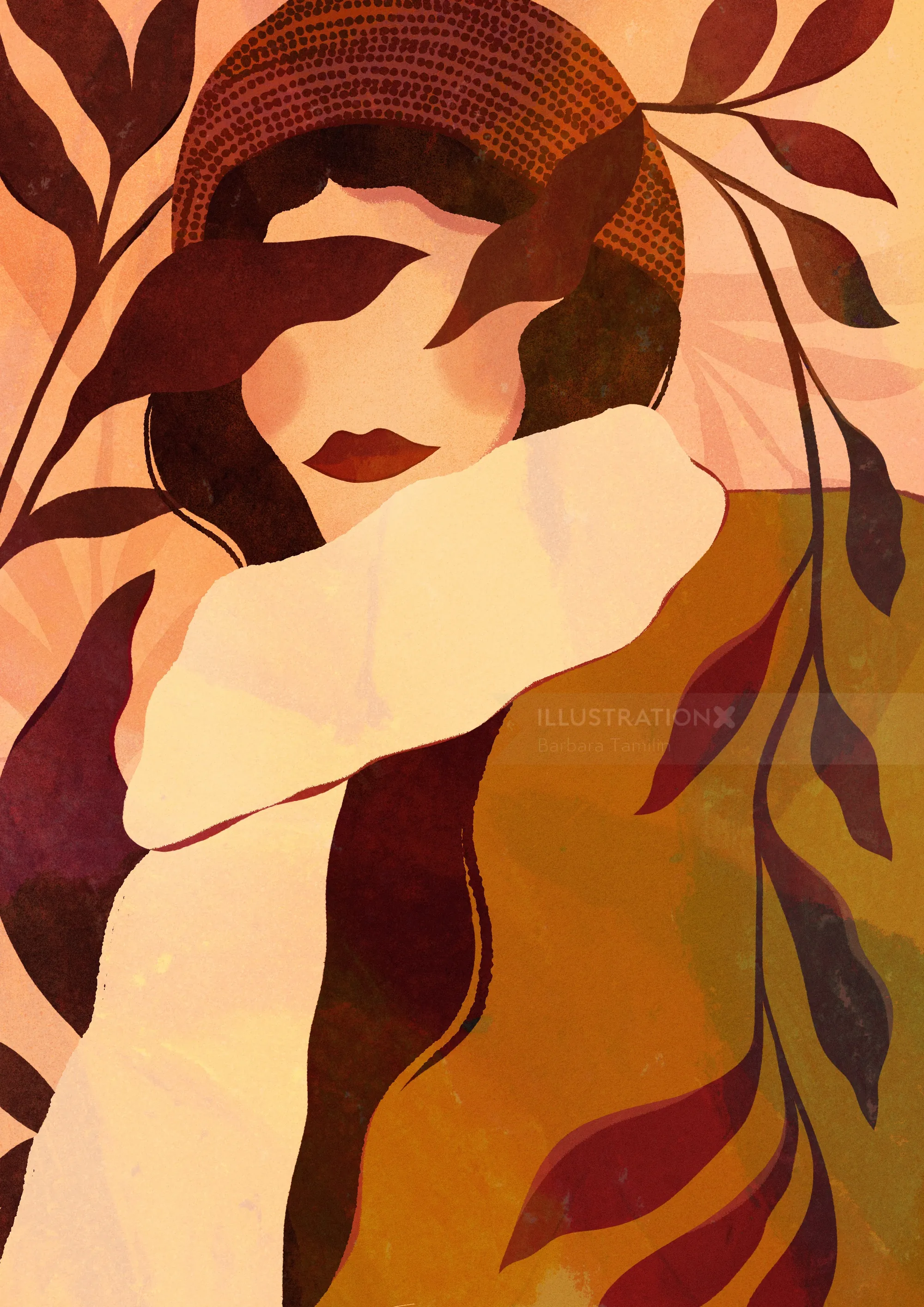 Abstract painting of a woman with scarf and leaves by Barbara Tamilin