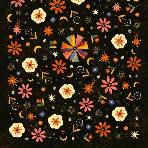 Colorful floral pattern with orange, pink, and white flowers by Barbara Tamilin