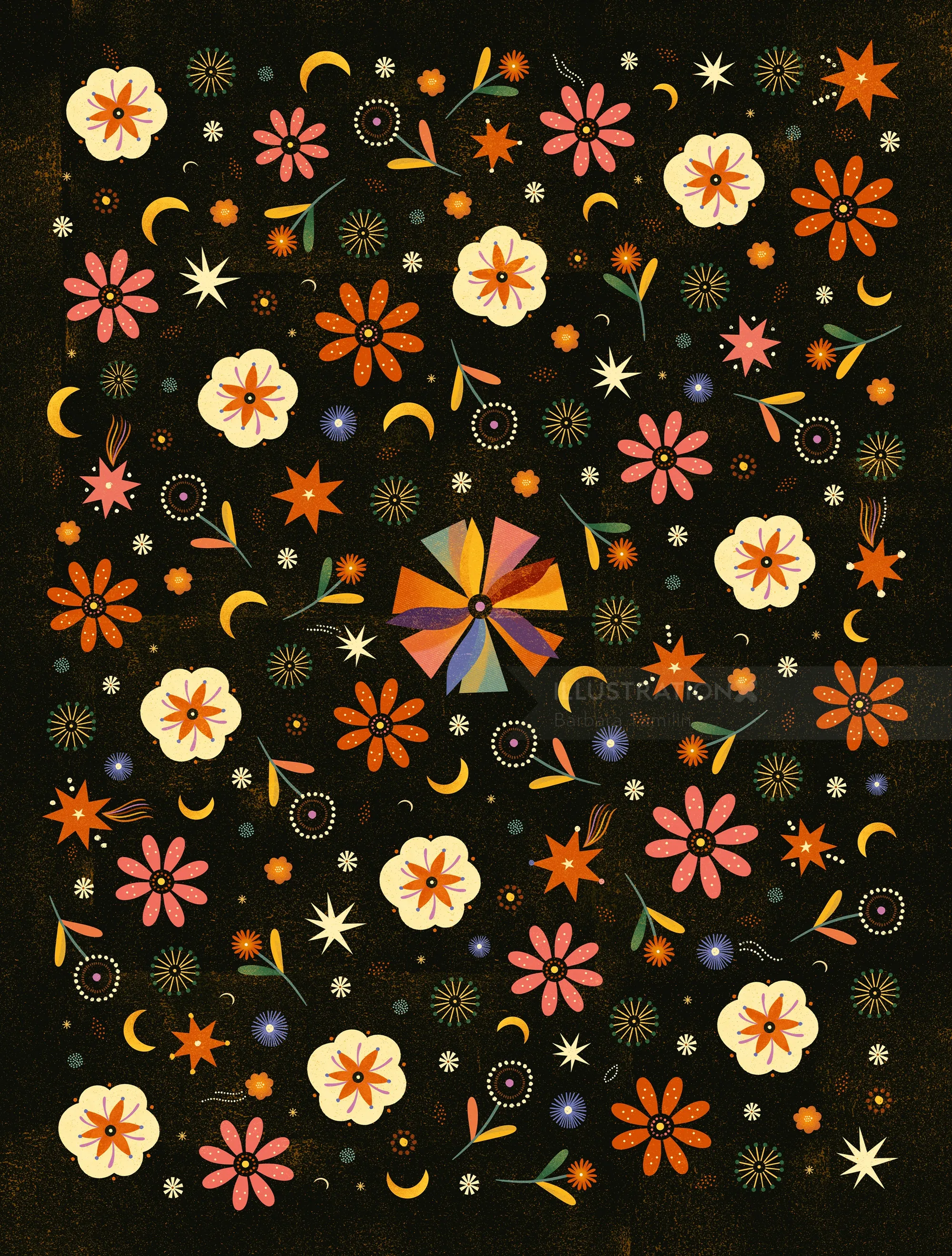 Colorful floral pattern with orange, pink, and white flowers by Barbara Tamilin