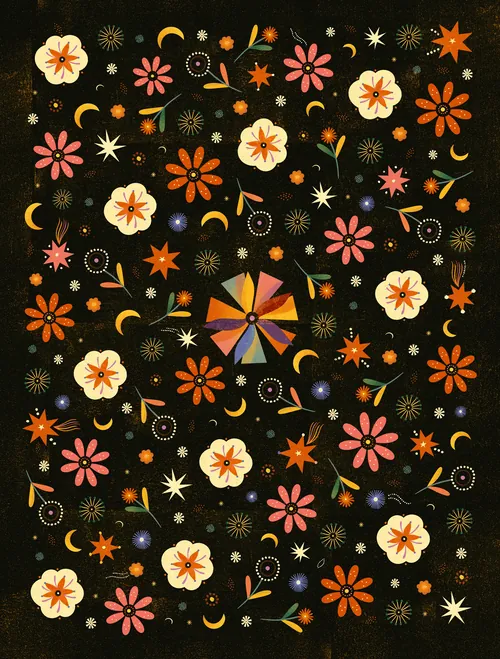 Colorful floral pattern with orange, pink, and white flowers by Barbara Tamilin