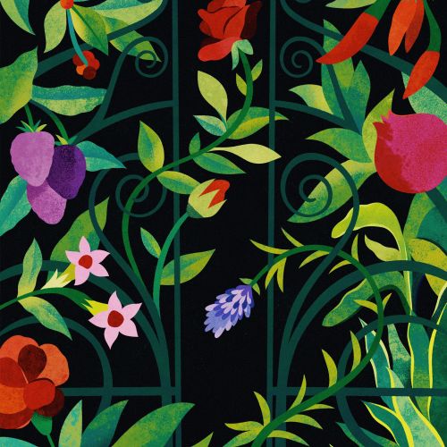 Vibrant floral and leaf illustration by Barbara Tamilin
