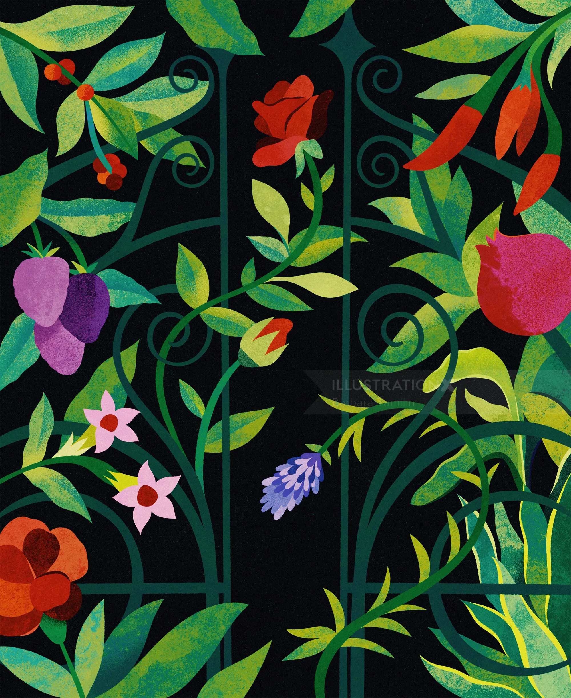 Vibrant floral and leaf illustration by Barbara Tamilin