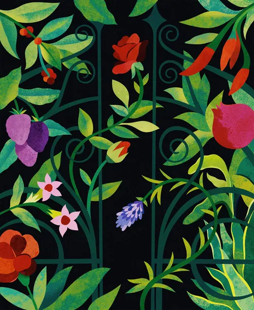 Vibrant floral and leaf illustration by Barbara Tamilin