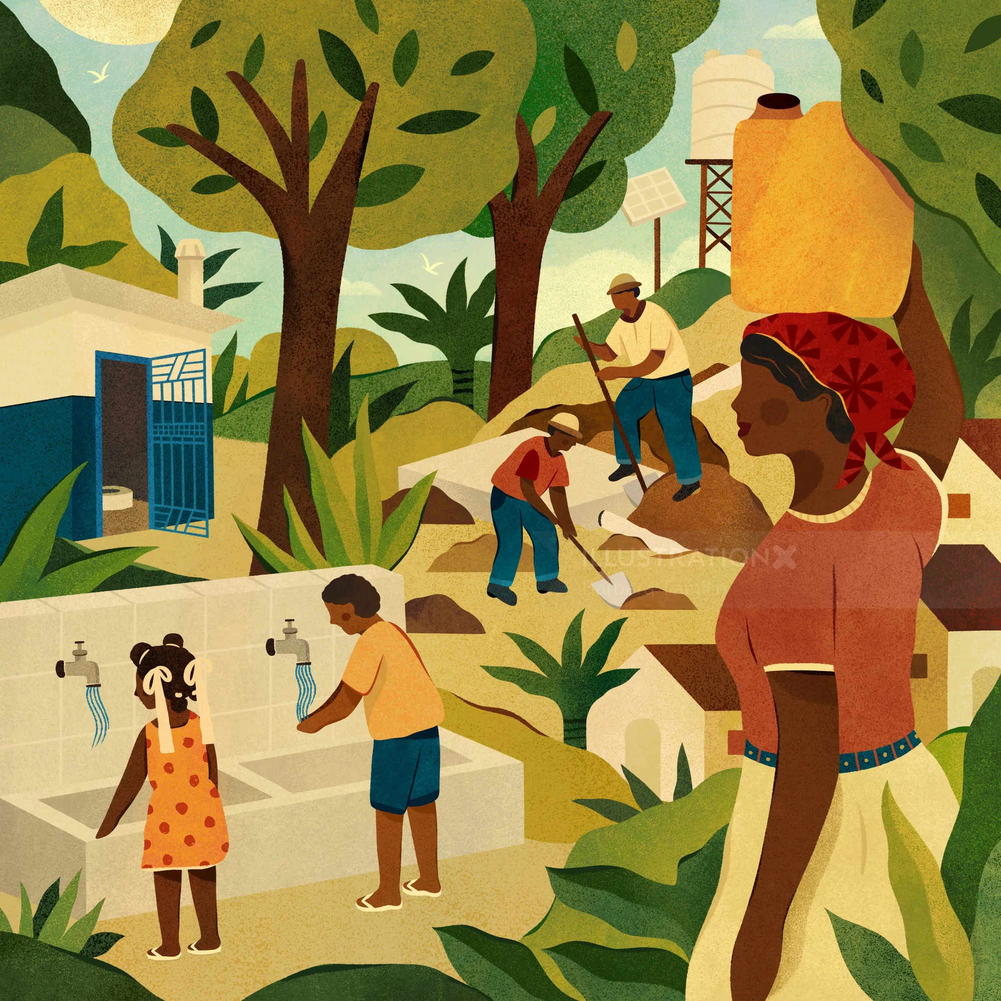 Scène de village avec des gens qui puisent de l'eau et des enfants qui boivent, œuvre de Barbara Tamilin