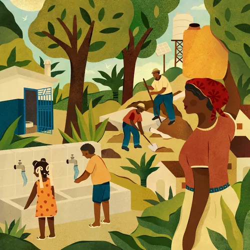 Scène de village avec des gens qui puisent de l'eau et des enfants qui boivent, œuvre de Barbara Tamilin