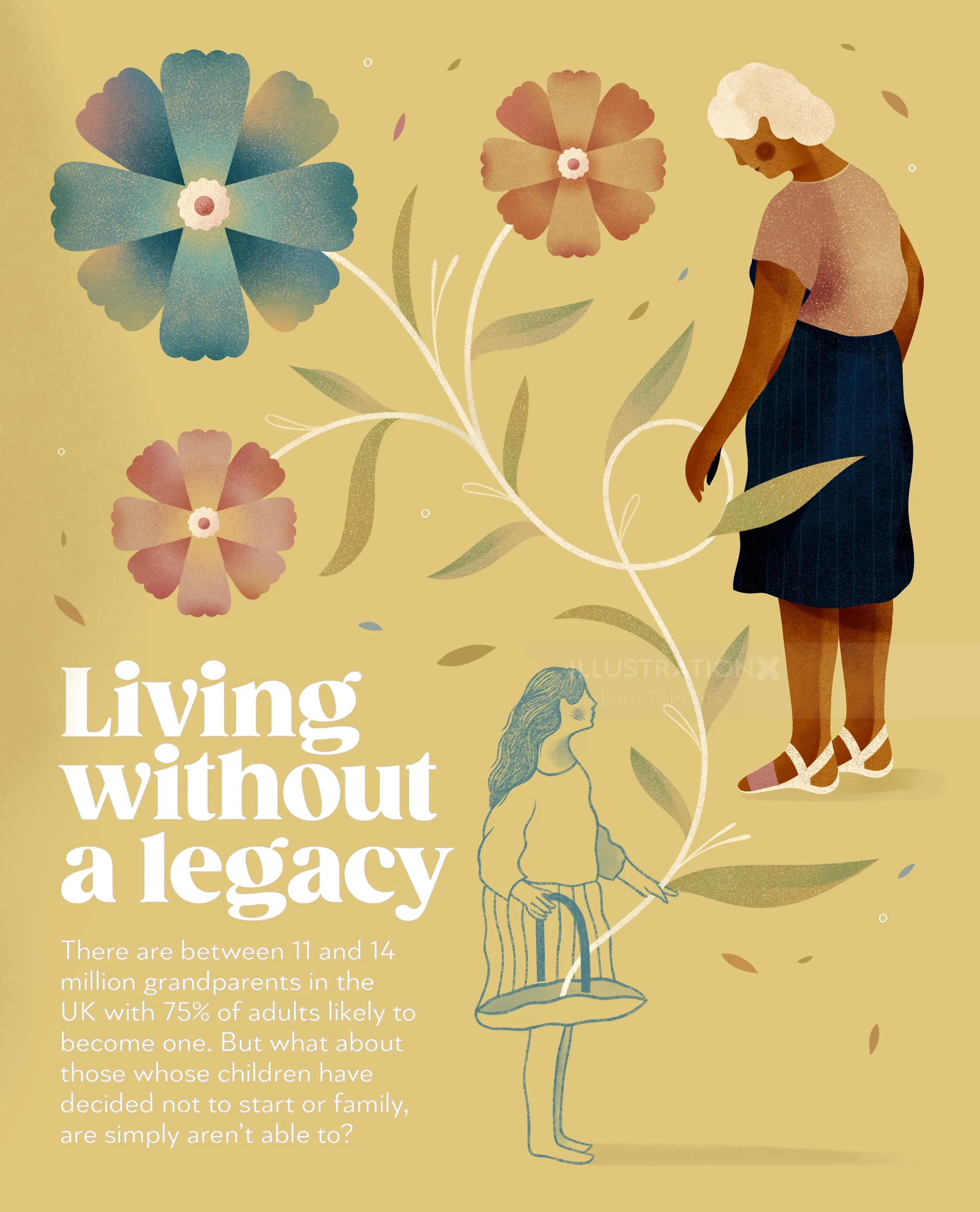 La couverture illustrée de Barbara Tamilin pour Vivre sans héritage, mettant en vedette une femme et des fleurs.
