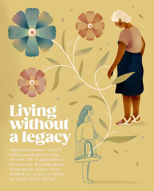 Barbara Tamilinによる『Living Without a Legacy』のイラスト入り表紙。女性と花が描かれている。