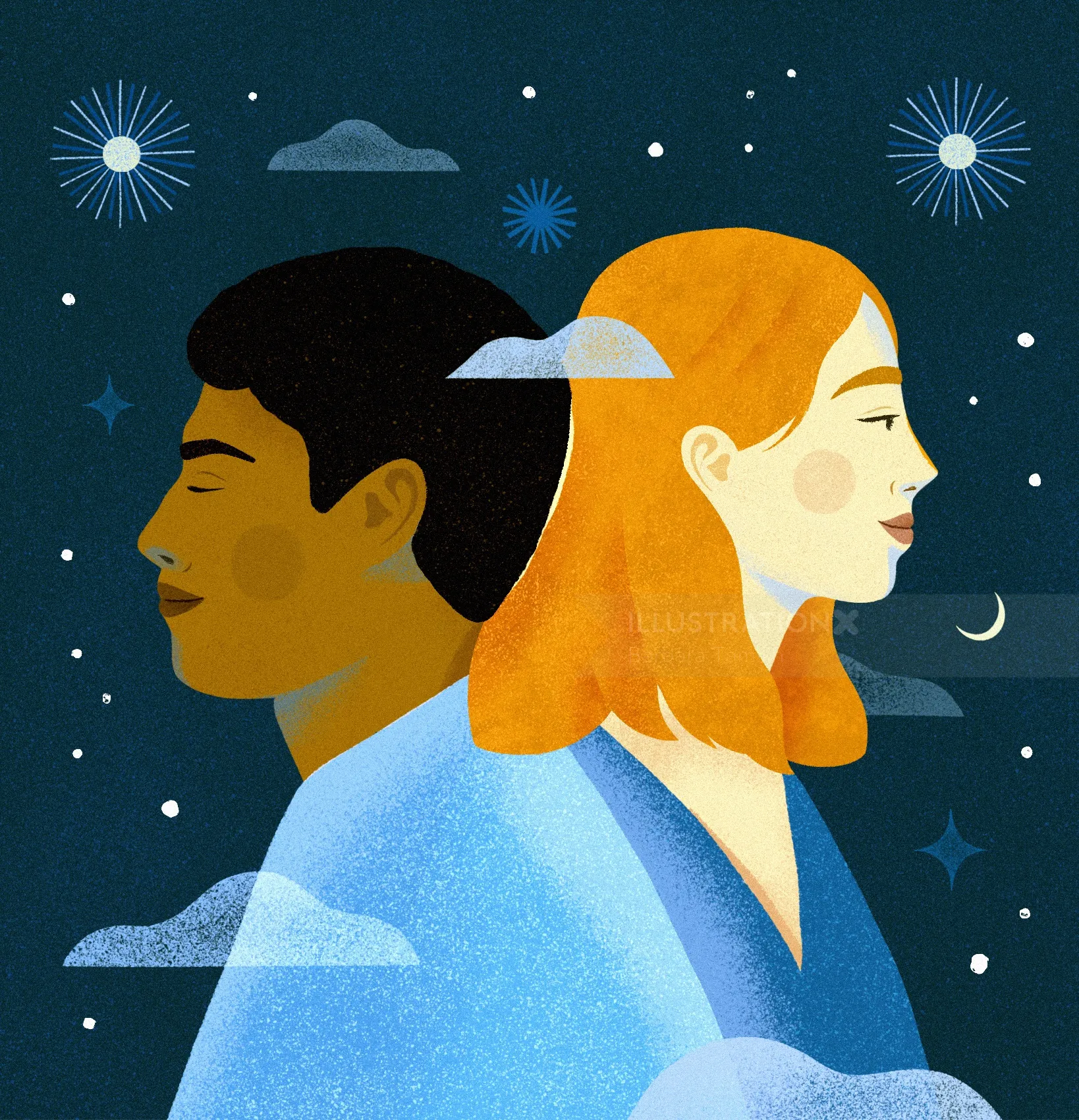Barbara Tamilin Illustration de deux femmes de profil sous un ciel étoilé