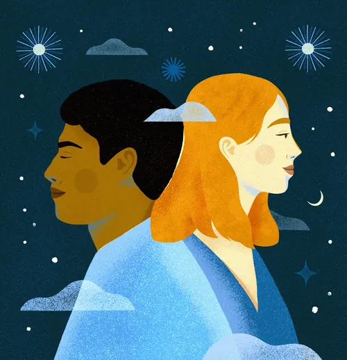 Barbara Tamilin 星空の下で横顔の二人の女性を描いたイラスト