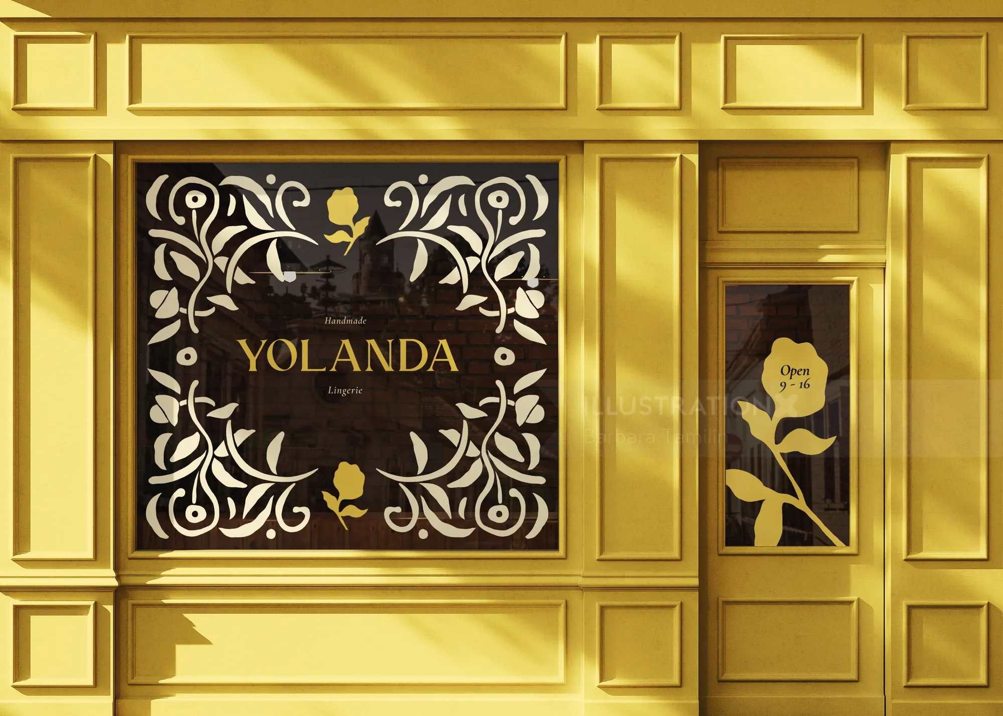 Barbara Tamilin’s ornate golden doorway with black floral panels reading Yolanda