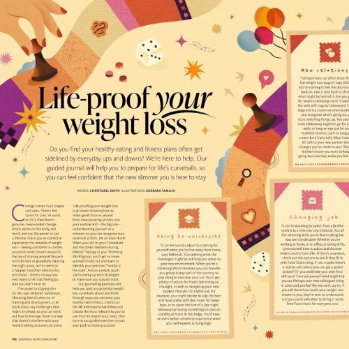 Illustrated weight-loss infographic by Barbara Tamilin with advice cards and colorful figures