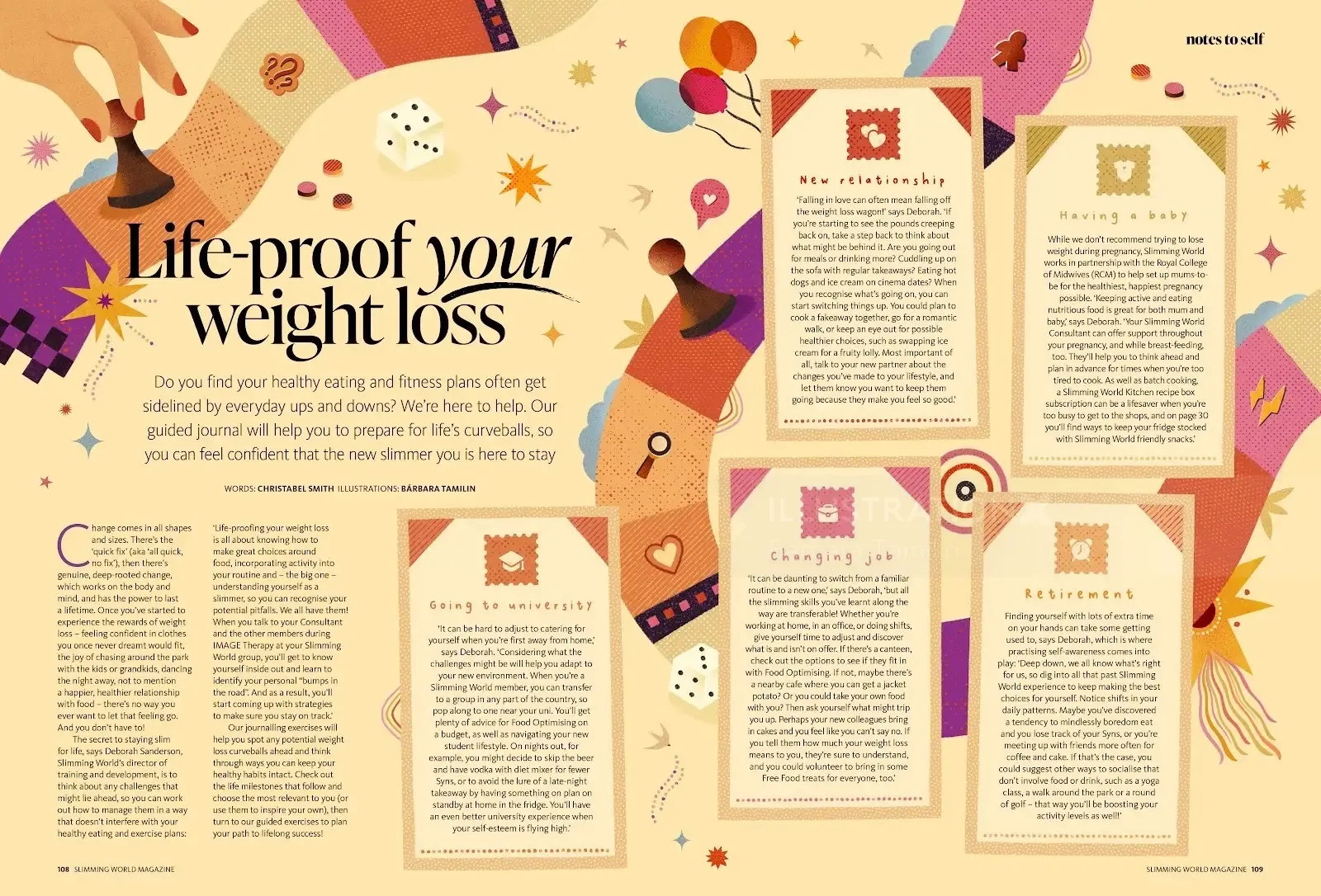 Illustrated weight-loss infographic by Barbara Tamilin with advice cards and colorful figures