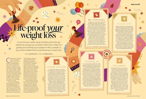 Illustrated weight-loss infographic by Barbara Tamilin with advice cards and colorful figures