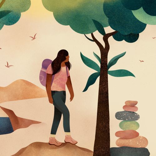 Barbara Tamilin illustration of a woman hiking beside a tree and stacked stones