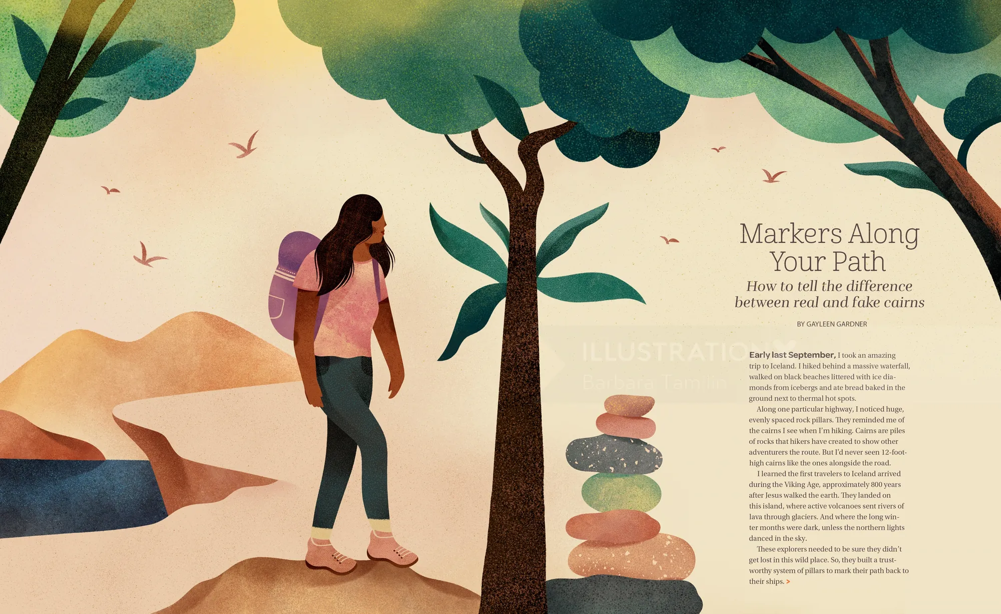 Barbara Tamilin illustration of a woman hiking beside a tree and stacked stones