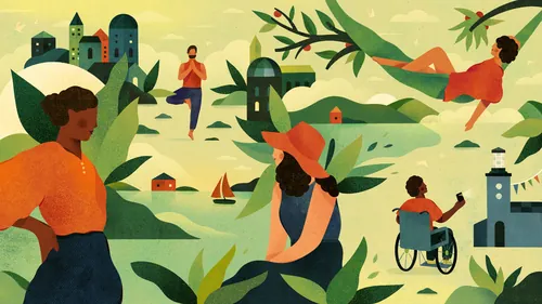 Barbara Tamilin illustration of diverse people enjoying a lush landscape with water and boats