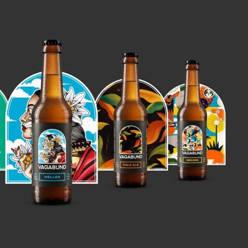 Barbara Tamilin artwork showing five colorful beer bottles against a dark background
